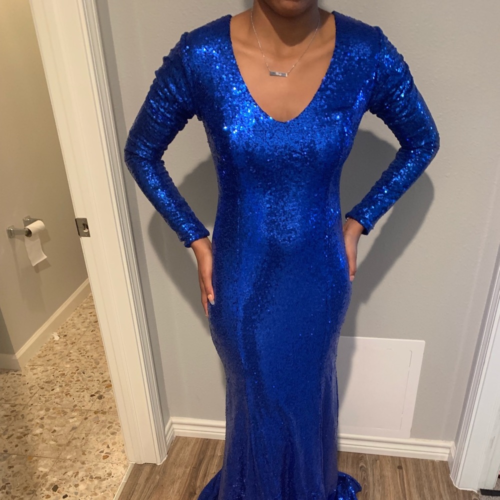 bright blue long sleeve dress